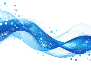 Abstract flowing blue waves with white highlights and geometric patterns