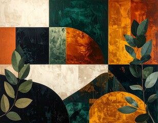 Abstract Botanical Art Green Leaves & Geometric Shapes in Earth Tones