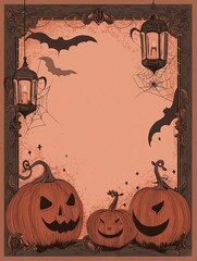 Spooky Halloween-themed A4 blank paper with jack-o'-lanterns, pumpkins, and bats on the border, vintage style with a warm color background and rich details, perfect for Halloween designs and decoratio