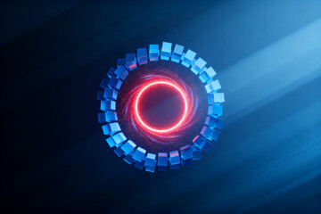Abstract digital ring with glowing red center and blue square segments on a dark background