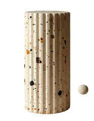 Off-white, fluted column-shaped object with speckled, colorful design.  A small, light sphere rests below