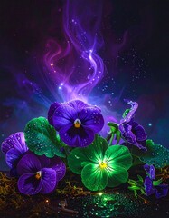 Vibrant purple and green pansy flowers illuminated by an enchanting, mystical glow in a dreamy, fantasy garden scene