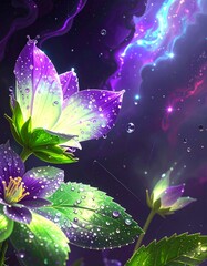 Dreamy Celestial Flowers Adorned with Water Droplets Under a Cosmic Nebula