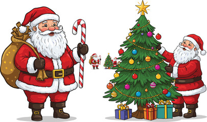 Santa Claus with candy cane, decorating Christmas tree with ornaments, holiday gifts under tree, festive Christmas celebration illustration, seasonal artwork