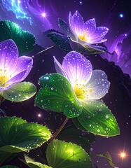 Ethereal luminous fantasy flowers bloom under a cosmic starlit sky, adorned with sparkling dewdrops, creating a mesmerizing and otherworldly botanical dreamscape
