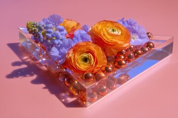 Vibrant orange and blue flowers artfully arranged in a clear acrylic triangle, with copper-toned decorative spheres, creating a visually stunning display against a soft pink backdrop.