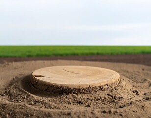 Wooden Platform on Sandy Mound with Green Field Background, Natural Product Display Concept