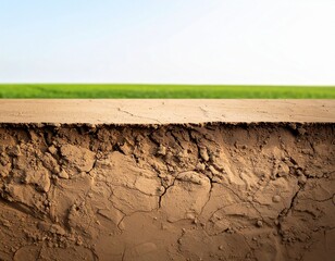 Detailed cross-section of earth showing the textured soil and dirt layers beneath a vibrant green grass field