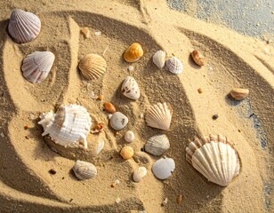 A captivating assortment of natural seashells of various shapes and sizes gently resting on soft, sun-kissed golden sand, creating a serene and picturesque coastal composition, perfect for summer