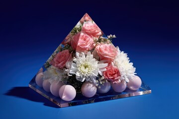 A transparent, triangular prism showcases a bouquet of pastel pink and white flowers, nestled amongst delicate, light lavender spheres, against a vibrant, deep blue backdrop.