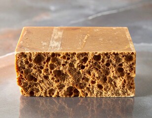 Close-up of a delectable, porous caramel-brown confectionery block, showcasing its unique aerated texture and inviting sweet indulgence