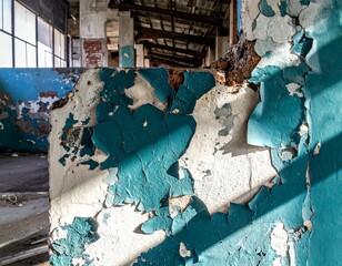 Peeling paint revealing rough plaster and industrial interior details