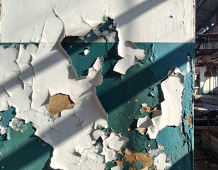 Abstract close-up of a weathered industrial wall with layers of cracked white and teal paint peeling away under harsh sunlight