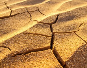 Macro view of cracked and barren soil in a desolate desert, highlighting the impact of extreme heat and arid conditions