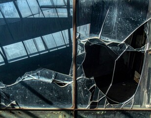 Shattered glass in a dilapidated building, reflecting the harsh realities of urban decay and neglect, evoking a sense of forgotten history and the passage of time