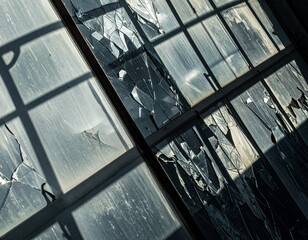 Broken Window A Shattered View of Decay and Destruction in Harsh Sunlight