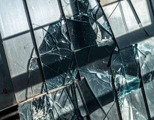 Abstract pattern of shattered glass creating a fractured, geometric design with sharp edges and reflections