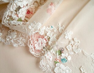 Elegant floral lace trim with detailed hand embroidery, showcasing intricate needlework on a soft textile background for sewing projects