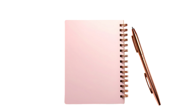 A light rose-pink spiral-bound notebook, open, with a copper-colored pen beside it