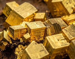 Golden Pyrite Cubes Sparkling with Metallic Luster on Earthy Base