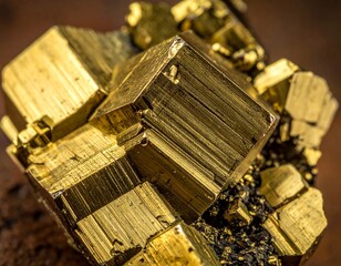 Dazzling natural golden cubic mineral crystals, showcasing brilliant metallic luster and intricate geometric formations. A striking close-up against a dark geological backdrop