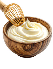 Creamy whipped topping in a wooden bowl, whisked