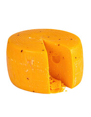 Round, bright orange cheese wheel, sliced