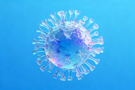 Microscopic view of a virus particle with spike proteins on a blue background
