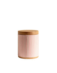Pink cylindrical storage container with wood lid