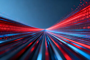Digital data stream with binary code flowing in red and blue light trails against a dark background