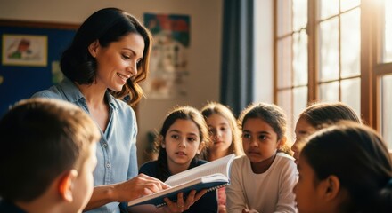 Engaging teacher leads a group of enthusiastic students during an inspiring lesson on Teachers Day in a bright classroom