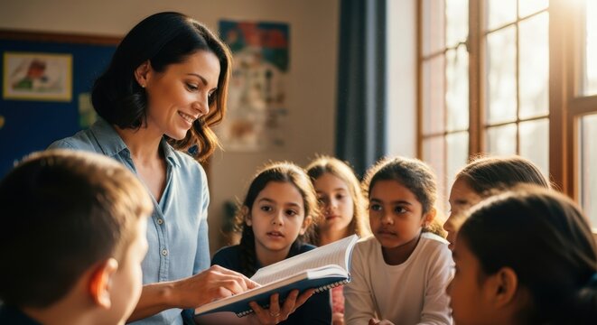 Engaging teacher leads a group of enthusiastic students during an inspiring lesson on Teachers Day in a bright classroom - Powered by Adobe