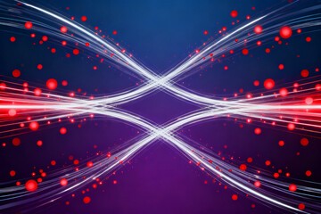 Abstract digital background with glowing white lines and red particles on a gradient blue-purple backdrop
