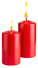 Two cylindrical red candles, lit, with flames