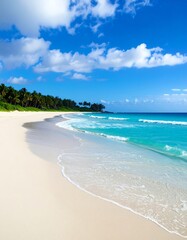 Pristine white sand beach meets turquoise ocean under a vibrant blue sky; palm trees line the shore