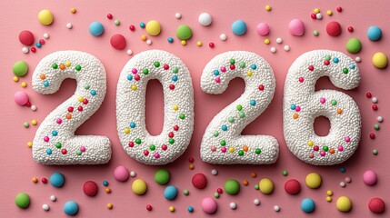 The year "2026" made of white cake sprinkles arranged on a soft pink background, creating a sweet and festive atmosphere. Perfect for celebrations, events, and festive designs.
