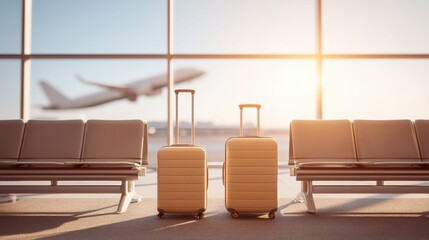 Luggage Waiting at Airport Terminal with Plane in Background During Golden Hour for Travelers Seeking Adventure and New Experiences in Air Travel