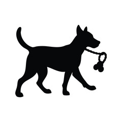 Silhouette of a dog walking with a knotted rope toy in mouth, dog tugging toy silhouette vector illustration
