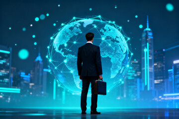 Businessman standing before a digital globe with a futuristic cityscape in the background