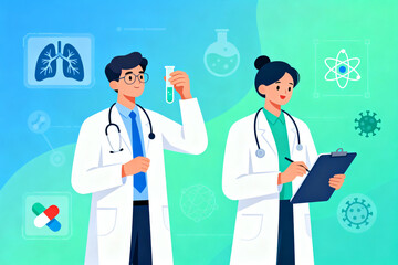 Two medical professionals in lab coats examining a test tube and clipboard with medical icons in the background