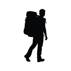 Silhouette of a backpacker hiking outdoors on a white background, very clean, backpacking travel silhouette vector illustration