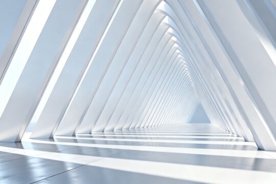 Modern white geometric tunnel with repeating triangular structures and reflective floor