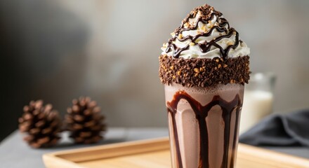 Decadent chocolate milkshake topped with whipped cream and drizzle illustration
