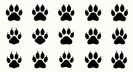 Fifteen black paw prints arranged in a pattern on a white background creating a simple design element