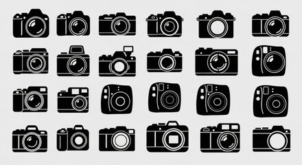 Collection of twenty four black camera icons arranged in a grid pattern on a light background