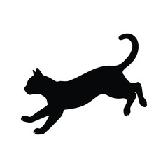 Black cat silhouette jumping and prowling playfully on white background illustration, cat pouncing silhouette vector illustration