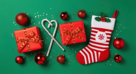 Christmas holiday gifts stocking candy canes ornaments festive decorations flat lay illustration