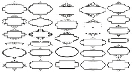 Collection of decorative frames and borders with various shapes and ornate embellishments in black and white