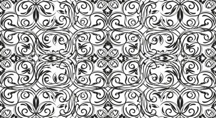 Elegant black and white floral pattern with swirling vines and symmetrical flower designs creating a wallpaper