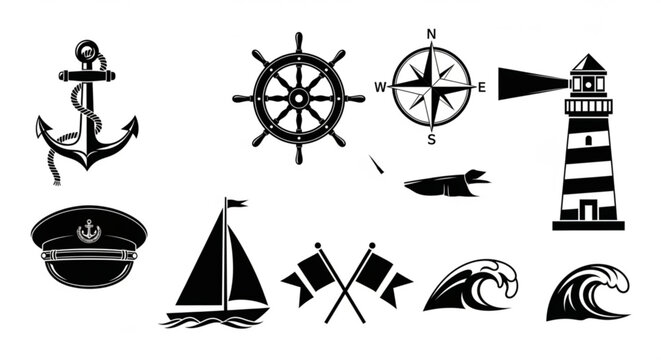Collection of nautical themed icons including an anchor, wheel, compass, and lighthouse design elements